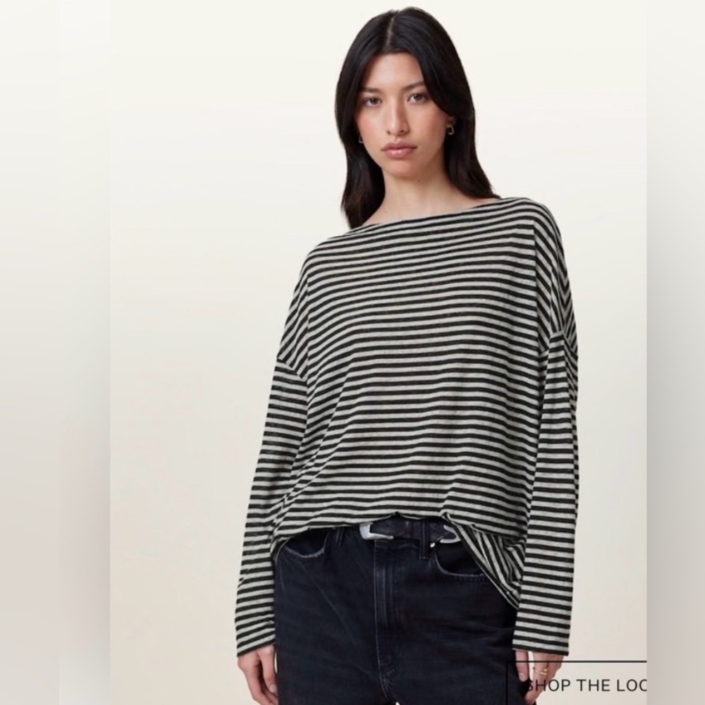 All Saints Black and White Striped Long Sleeve Top|Loose Fit|The Rita|Size Small